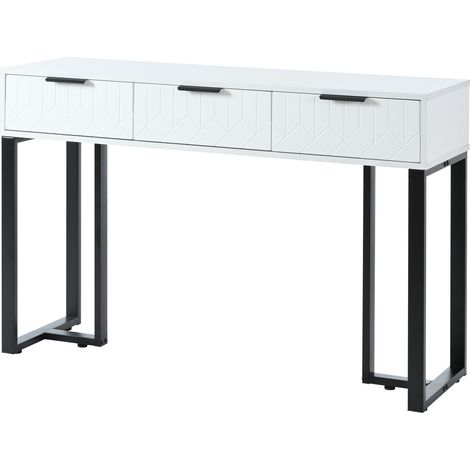 Table console moderne avec tiroirs, structure métallique dorée, surface blanche, patins réglables (1/5)