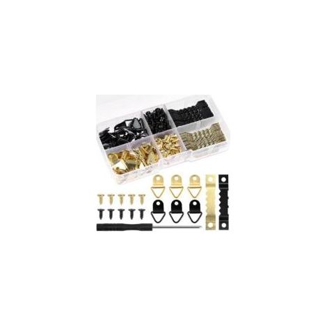 Lntyq 100 Crochets pour cadres photo robustes - Crochets pour cadres photo à double trou dentelé avec vis, 150 fixations pour cadres photo avec boîte de rangement (Or et Noir) (1/5)
