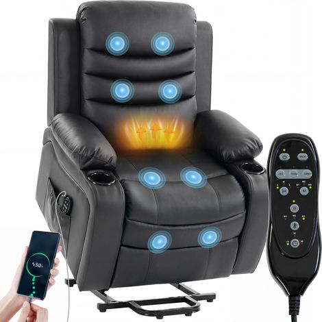HOMCOM sillón relax reclinable eléctrico levanta personas, con masaje vibratorio y calor, puerto USB, control remoto, reposapiés, negro (1/5)