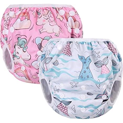 2 couches réutilisables, lavables et ajustables, anti-fuites et imperméables pour bébé fille et garçon (Rose+Bleu) (1/5)