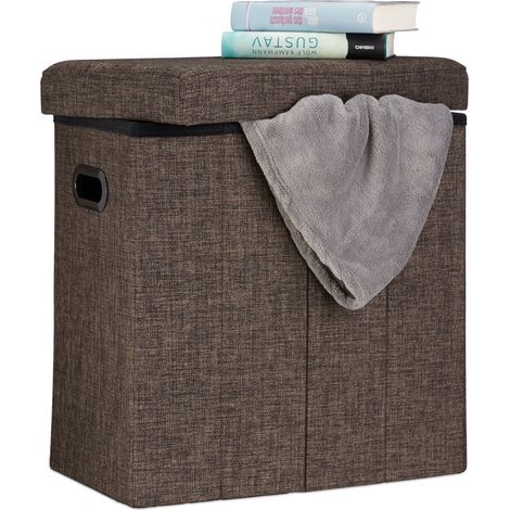 Relaxdays Sgabello Pieghevole, HxLxP: 49,5x46x25,5 cm, Pouf Contenitore, Lino, Poliestere, Legno MDF, Colore Marrone