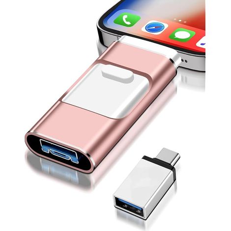 Cle USB 128 Go, 4 en 1 Clé USB C pour i-Phone/i-Pad/Android/PC, Utilisation Immédiate, sans Installation d'Application, Adaptée au Stockage de Photos et de Vidéos,Rose(128GB) (1/5)