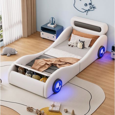 Lit enfant voiture 90x200 cm avec roues LED et rangement, blanc, OKMYHOME (1/5)