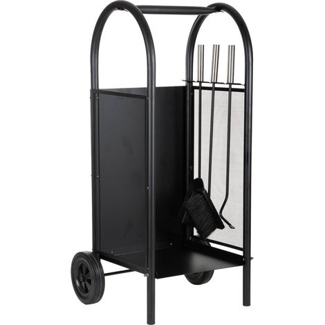 Leñero de metal con herramientas de chimenea negro 35x32x81 (1/5)