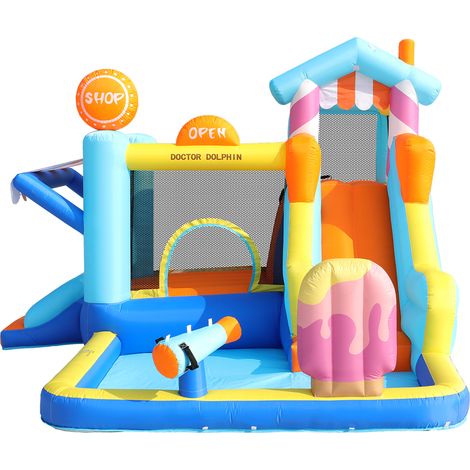 Château gonflable pour enfants, avec soufflerie 450 W, toboggan aquatique, trampoline, fontaine, pistolets à eau, pour jardin et extérieur (1/5)