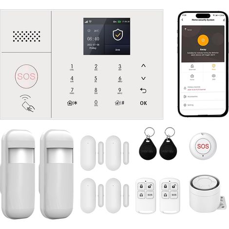 Système d'alarme Domestique écran Tactile, kit sécurité Composants avec détecteur de Mouvement, capteur de Porte, télécommande et sirène (1/5)