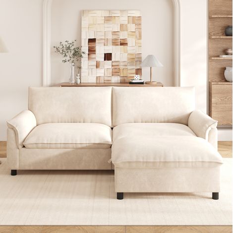 Canapé d'angle convertible 216x77x82 cm beige en chenille avec pouf mobile et rangement (1/5)