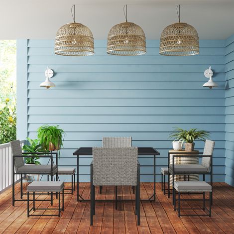8-Teiliges Gartenmöbel-Set aus Rattan – mit Kissen und Tischplatte aus Sicherheitsglas – Grau