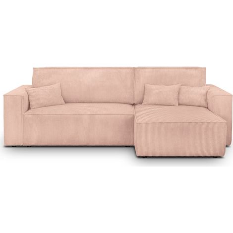 Canapé d'angle convertible réversible 4 places avec coffre de rangement en velours côtelé rose pâle - Livia