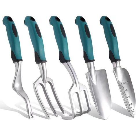 Attrezzi da giardino, pala da giardino, cesoie da potatura, set di 5 attrezzi da giardino portatili e multifunzionali, blu (1/4)