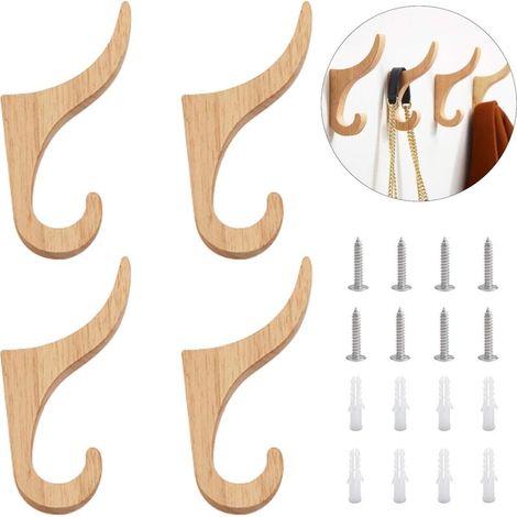 Set mit 4 Burlywood Wandhaken aus Naturholz für Mäntel, Hüte, Handtücher für Wohnzimmer, Badezimmer (doppelt gebogener Haken)