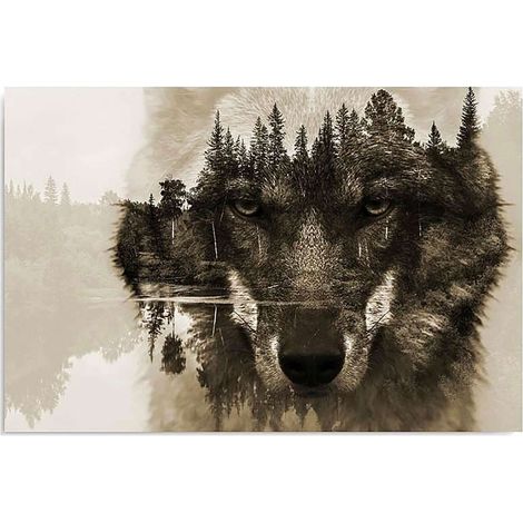 Tableau loup sur la forêt de fond brun - 70 x 50 cm (1/5)