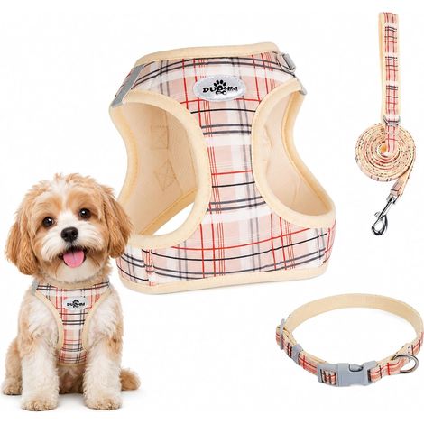Ensemble de harnais pour petits chiens - Harnais à carreaux avec laisse et collier - Réfléchissant anti-traction - Réglable - Pour chiens de petite et moyenne taille (1/5)