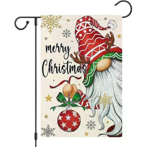 Drapeau de jardin Heyfibro Joyeux Noël Gnome 12x18 double face, boules de Noël et flocons de neige pour les fêtes d'hiver (1/5)