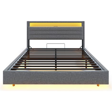 Lit rembourré 140x200 cm avec rangement hydraulique, port USB et éclairage LED, gris (1/5)