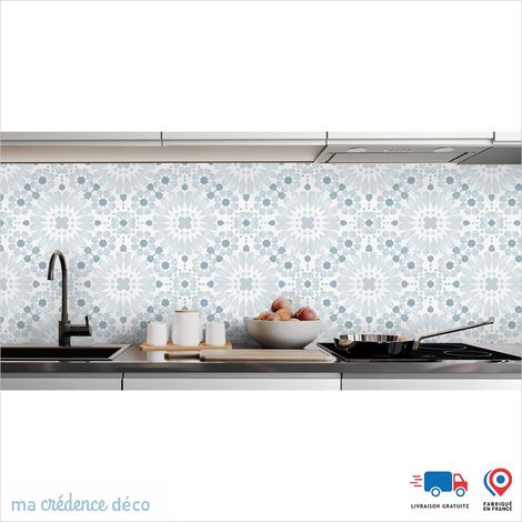 Crédence : Carreaux de ciment fleurs - Couleur Bleu pastel - Alu composite - 120 - 60
