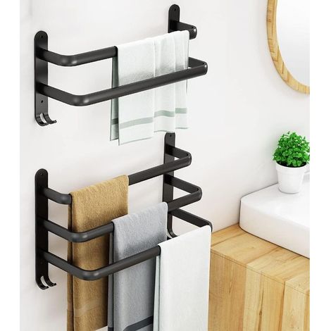 Porte-Serviettes Mural pour Salle de Bain,Porte-Serviettes Adhésif Noir Mat,Non Oxydation,Porte-Serviettes en Alliage d'Aluminium Non Perforé (Double Bars) GROOFOO (1/4)