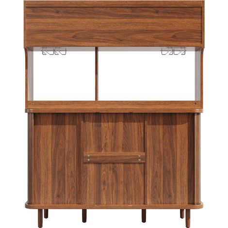 Buffet en bois aspect noyer, meuble de rangement haut avec portes coulissantes en verre et panneaux en rotin, 174,5 cm, idéal cuisine, charge max 60 kg (1/5)
