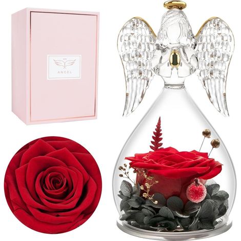 Konservierte Rose im Engel-Figur-Glas, Ewige Rose Rot, Geschenk für Frauen (1/5)