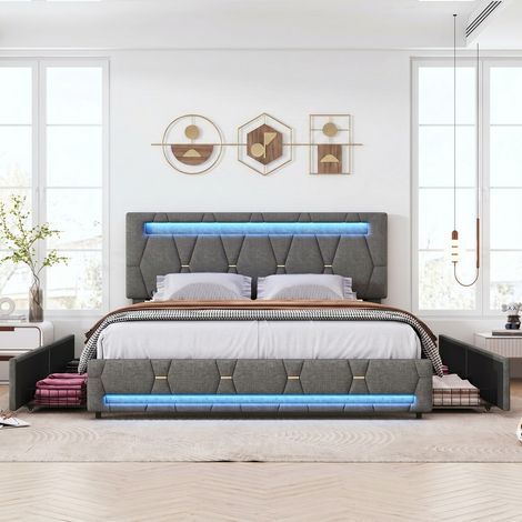 Lit double 160x200 cm avec 4 tiroirs, éclairage LED au tête et au pied, tête de lit capitonnée réglable, tissu gris, sommier à lattes (1/5)