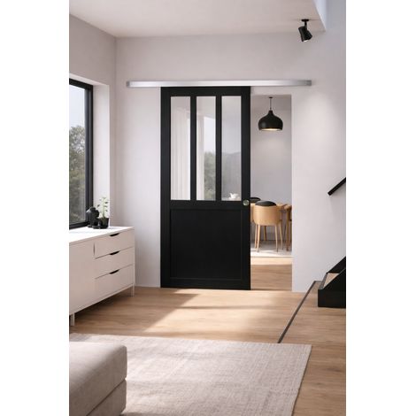 Porte Coulissante Atelier Noir H204 X L73 + Rail Alu Et 2 Coquilles