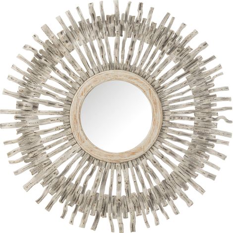Miroir soleil rond en bois blanc lavé style bohème chic - Blanc patiné bois naturel (1/3)