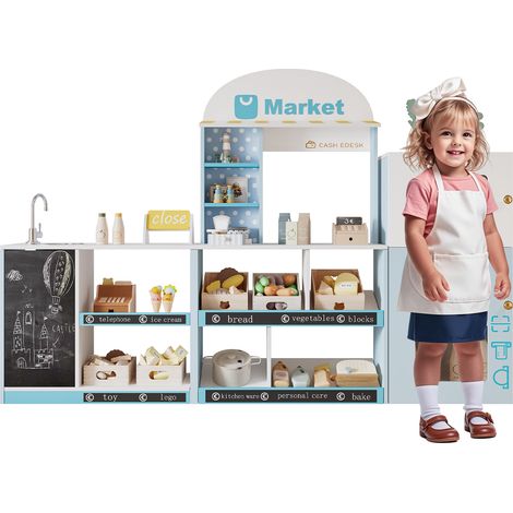 Magasin de jouets pour enfants, avec étagères, réfrigérateur, panneaux publicitaires, tableau noir inscriptible, comptoir et robinet, jouet éducatif pour enfants à partir de 3 ans, bois et plastique, (1/5)