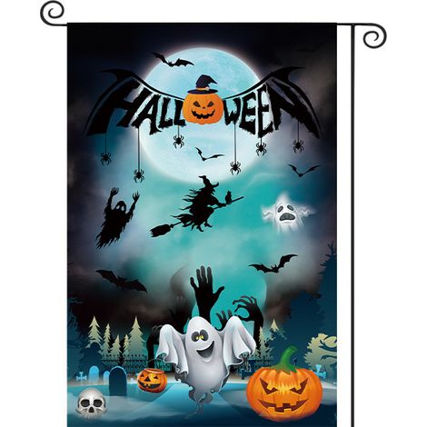 Bannière de jardin d'Halloween avec imprimé crâne, citrouille et visage de fantôme, en polyester, style américain, à suspendre en extérieur - 30 x 40 cm (polyester double face) - WSJ-45