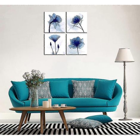 Peinture abstraite moderne sur toile tendue, ornée de fleurs bleues scintillantes. Élégante œuvre florale. (1/4)