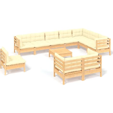 Conjunto de muebles de jardín muebles de exterior 11 piezas con cojines color crema madera maciza de pino 020015324