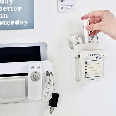 Boîte de rangement murale multifonctionnelle pour télécommande, chargeur de téléphone portable transparent, étagère murale de rangement pour articles de papeterie et cosmétiques, petite taille. (1/5)