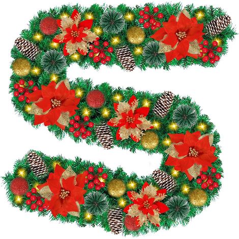 Ghirlanda di Natale, ghirlanda artificiale per albero di Natale da 2,7 m, ghirlanda per albero di Natale, decorazione natalizia per interni, adatta per cortili, con palline rosse e fiori, camino, scal