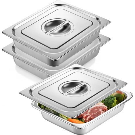 Bac Gastronomique GN 1/2 - Bac En Acier Inoxydable 304 - Pour Paner Poisson Et Volaille - Profondeur 6 5 Cm - Avec Couvercle Etanche - Lot De 3
