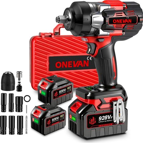 Boulonneuse à chocs ONEVAN 2100Nm ,1/2 Brushless Clé à chocs sans fil  Applicable aux gros camions,véhicules porte-Avec2 x 6.0ah batteries et 12 accessoires
