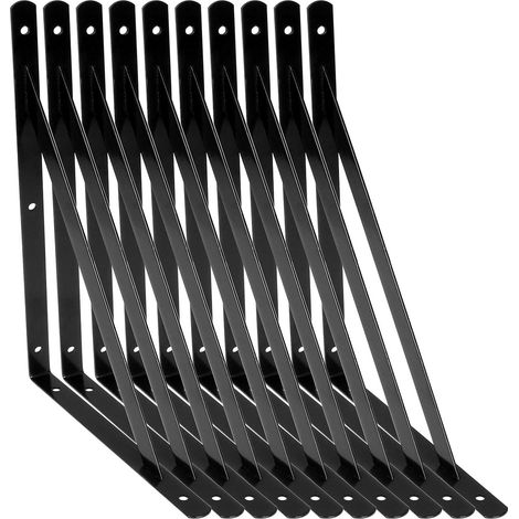 10Pcs 300mm Shelf Brackets, Heavy Duty Triangle Metal Shelving Brackets, Right Angle Wall Mounted Shelf Supporters - Black (1/5)