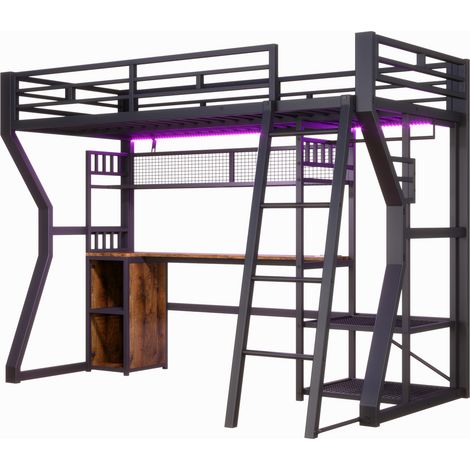 Lit mezzanine 90 x 200 cm en métal avec bureau, rangements, barre lumineuse et zone penderie, noir (1/5)