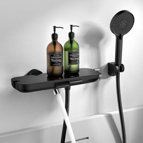 Mitigeur de baignoire noir avec douchette, bec pivotant à 360°, robinetterie de baignoire avec douche, tablette en verre, tuyau PVC 1,5 m, mitigeur mural (1/5)