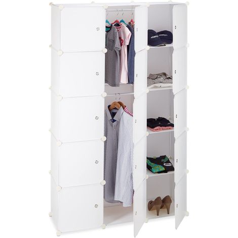 Étagère cubes rangement penderie armoire 11 casiers 2 tringles plastique modulable DIY, Blanc, 37 x 110 x 181 cm (1/5)