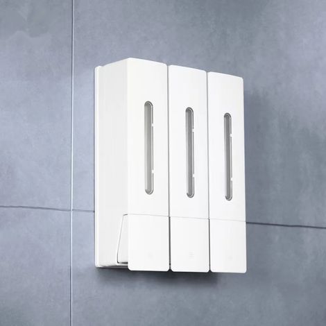 Distributeur de savon manuel mural double tête (blanc triple) pour shampoing, hôtel, maison, salle de bain, grande capacité de 400 ml. Sans perçage. (1/5)
