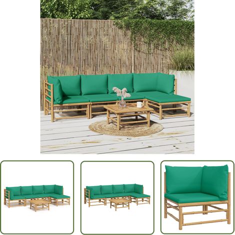 The Living Store 6-tlg. Garten-Lounge-Set mit Grünen Kissen Bambus - Bambus Möbel - Gartenloungeset - Outdoor Möbel - Gartenmöbel - Esstisch (1/5)