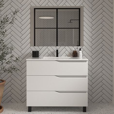 Meuble sous vasque seul, 3 tiroirs, 80cm, pour simple vasque - blanc mat - MATA
