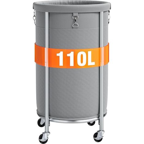 Panier à Linge avec Roulettes, Chariot Rond en Acier, Sac Amovible Lavable, Roues Pivotantes avec Freins, pour Buanderie Chambre Salle de Bain, Gris (1/5)