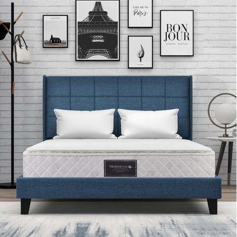 Cama tapizada de lino azul 140x200 cm con cabecero acolchado, somier de láminas y colchón de muelles ensacados H3 (1/5)