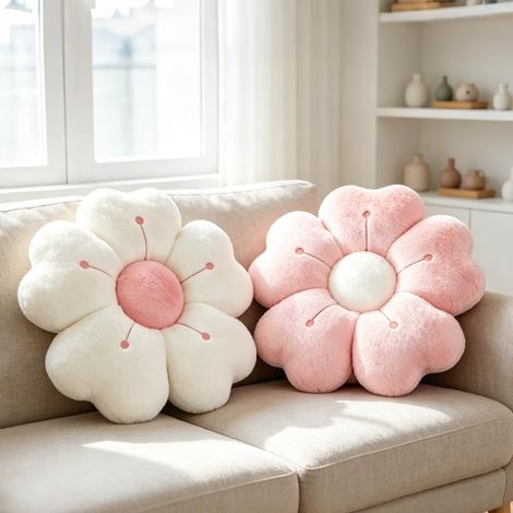 Ensemble de coussins fleuris JeiibrZui - 35 cm - 2 pièces - Blanc et rose - Coussin de sol doux et moelleux pour canapé, chambre, voiture - Coussin d'assise polyvalent pour chambre d'enfant ou salon (1/5)