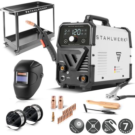 STAHLWERK Soldadora Mini FLUX 120 ST Digital – Equipo completo con carro – Soldadura con hilo hueco (FLUX) sin gas hasta 120 A, avance de hilo sinérgico, LED, función Lift-TIG & MMA (Electrodo)