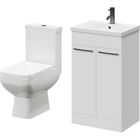 Turin Gloss White 500mm Floor Standing Vanity Unit and Toilet Suite with 1 Tap Hole Basin and 2 Doors with Gunmetal Grey Handles (1/5)