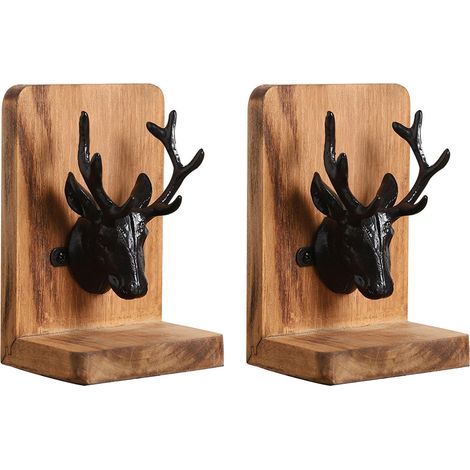 Lot de 2 Serre-livres Décoratifs En Forme de Tête de Cerf, En Bois, pour - MMCD-ZGL-05232 (1/5)