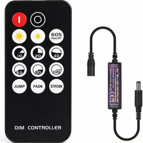 Mini Contrôleur Gradateur LED RF - 14 Touches - Tension 5V-24V - Télécommande avec Minuterie - Pour Rubans COB/SMD 5V/12V/24V - Gradateur de Luminosité 10-100% - 3 Modes Dynamiques (1/5)