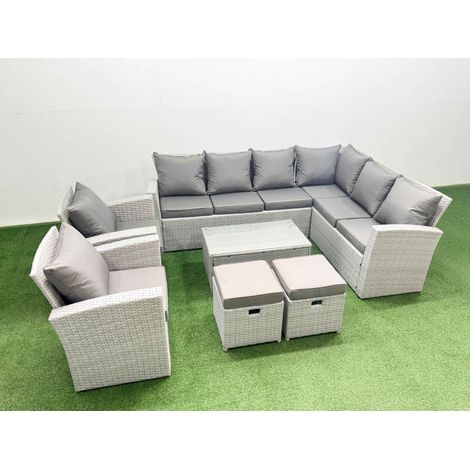 Fimous Garden Outdoor PE Rattan Furniture Set 10 Seater Rattan Garden Sofa Set with 2 Small Footstools Light Grey Mixed (1/4)