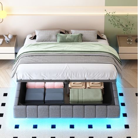 Lit rembourré flottant 160x200 cm avec coffre relevable, LED, structure métal et tissu gris (1/5)